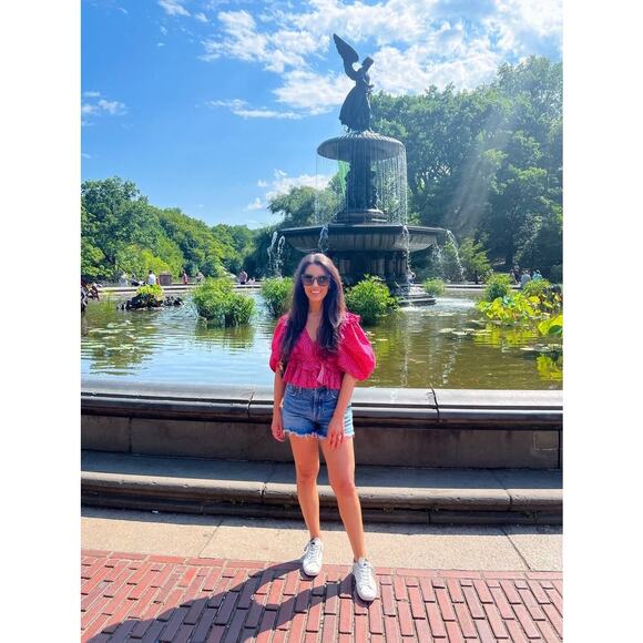 RHODE Red Printed 100% Cotton Short Sleeve V-Neckline Puff Sleeves Top size XL - Picture 14 of 16